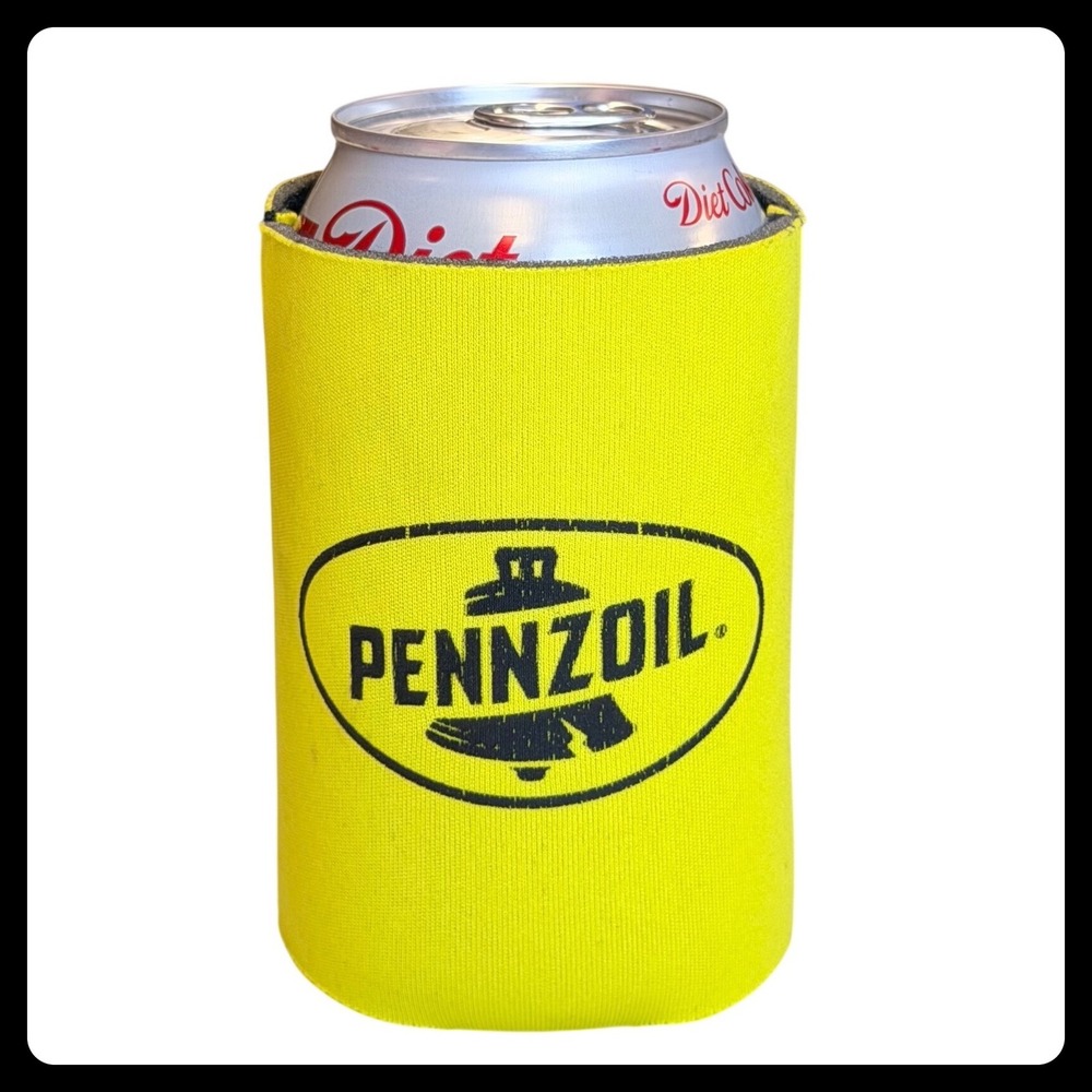 Pennzoil Can Cooler Koozie Yellow Foam Collapsible Neoprene Beer Soda Bell Logo